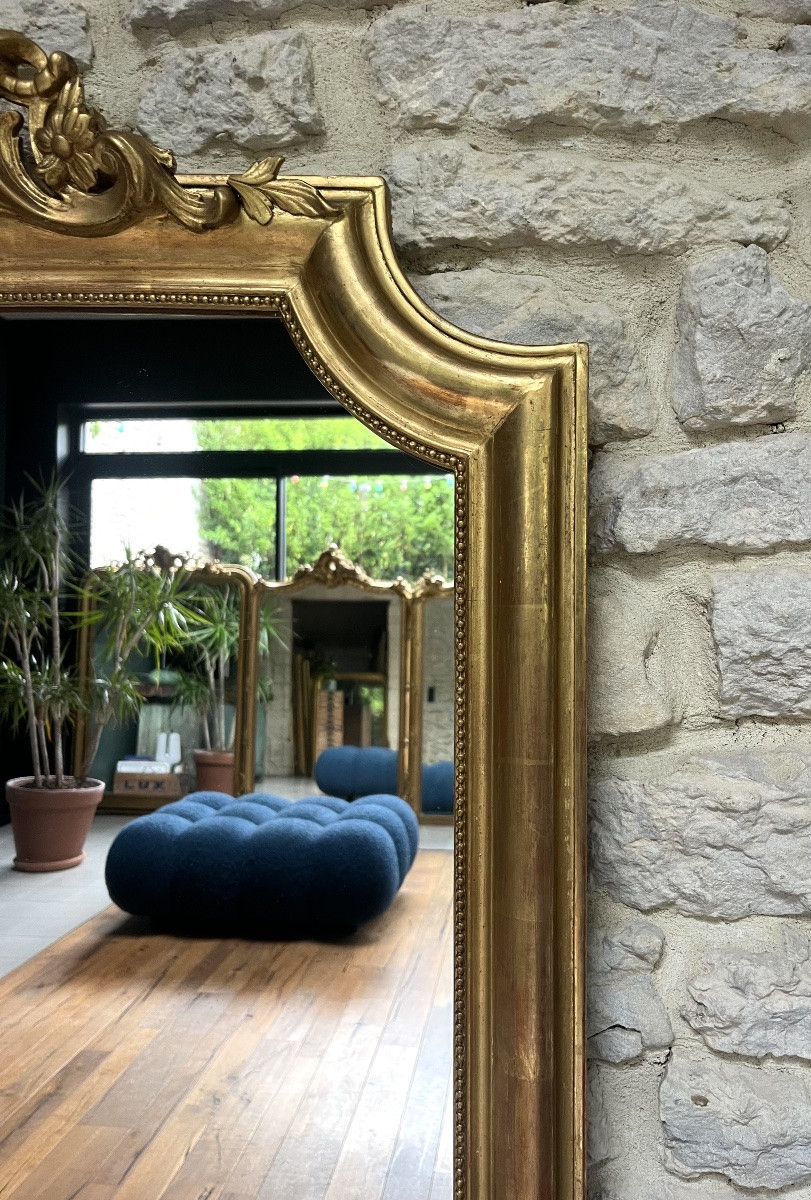 Miroir ancien à fronton et perlé 148/80,5cm doré à la feuille d’or, trumeau de cheminée -photo-4