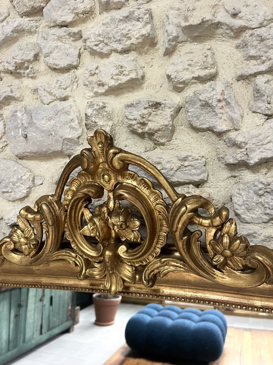 Miroir ancien à fronton et perlé 148/80,5cm doré à la feuille d’or, trumeau de cheminée -photo-7
