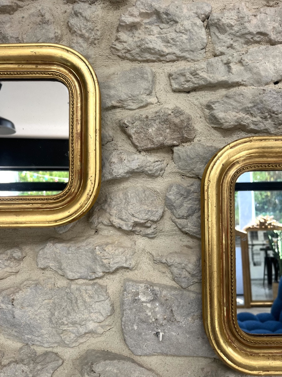 Pair Of Antique Mirrors 28.5/23cm Louis-philippe Beaded Gold Leaf Mercury Glass-photo-3