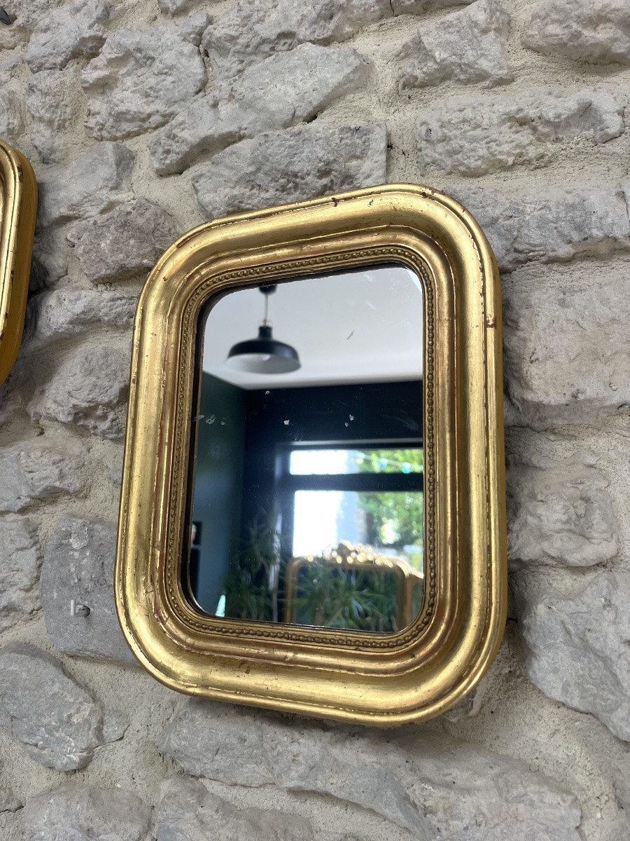 Pair Of Antique Mirrors 28.5/23cm Louis-philippe Beaded Gold Leaf Mercury Glass-photo-4
