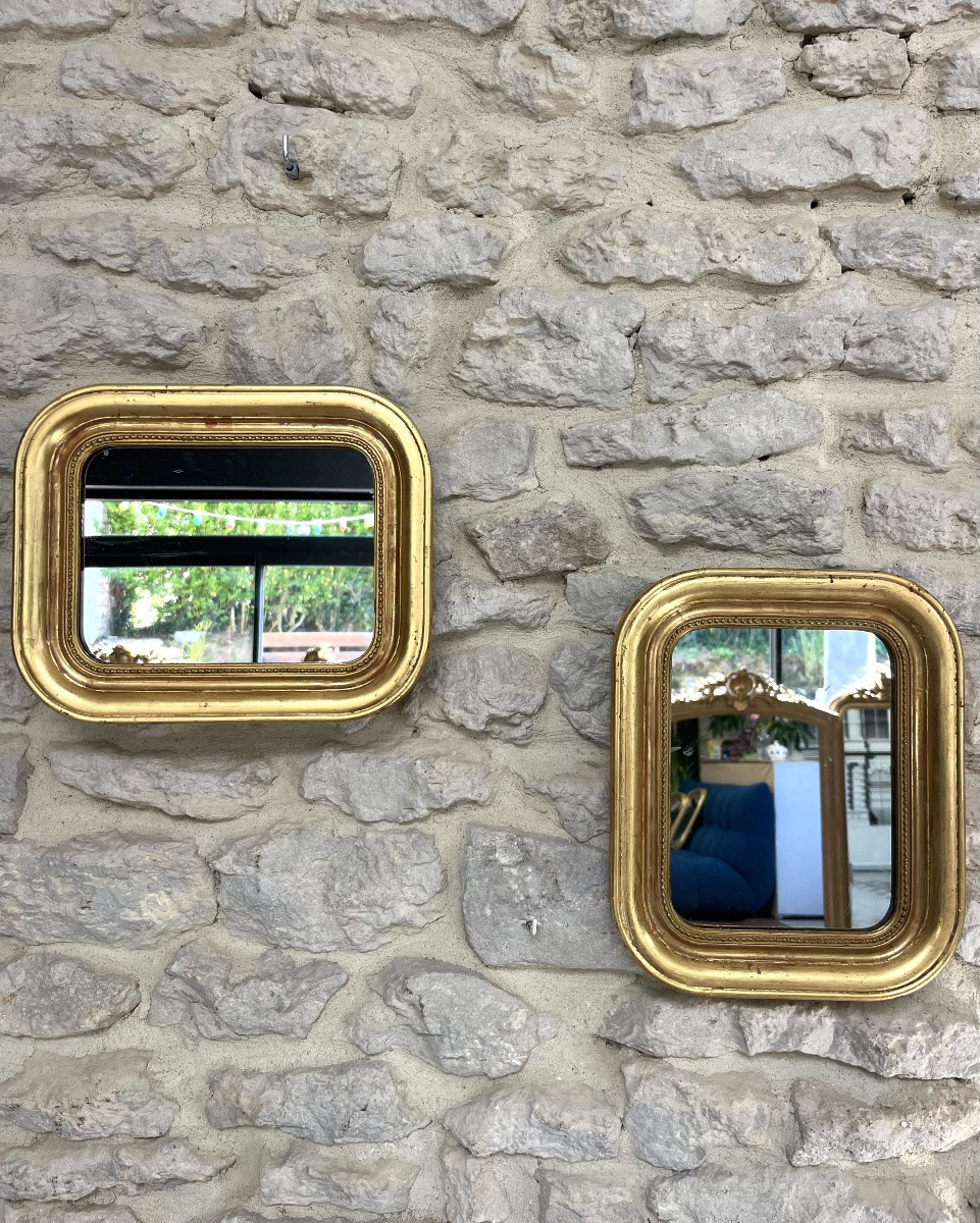 Pair Of Antique Mirrors 28.5/23cm Louis-philippe Beaded Gold Leaf Mercury Glass-photo-3