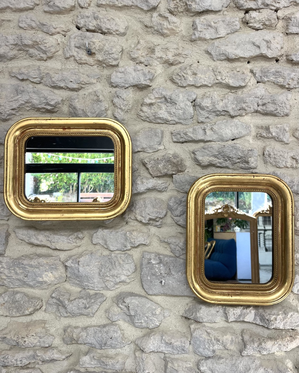 Pair Of Antique Mirrors 28.5/23cm Louis-philippe Beaded Gold Leaf Mercury Glass