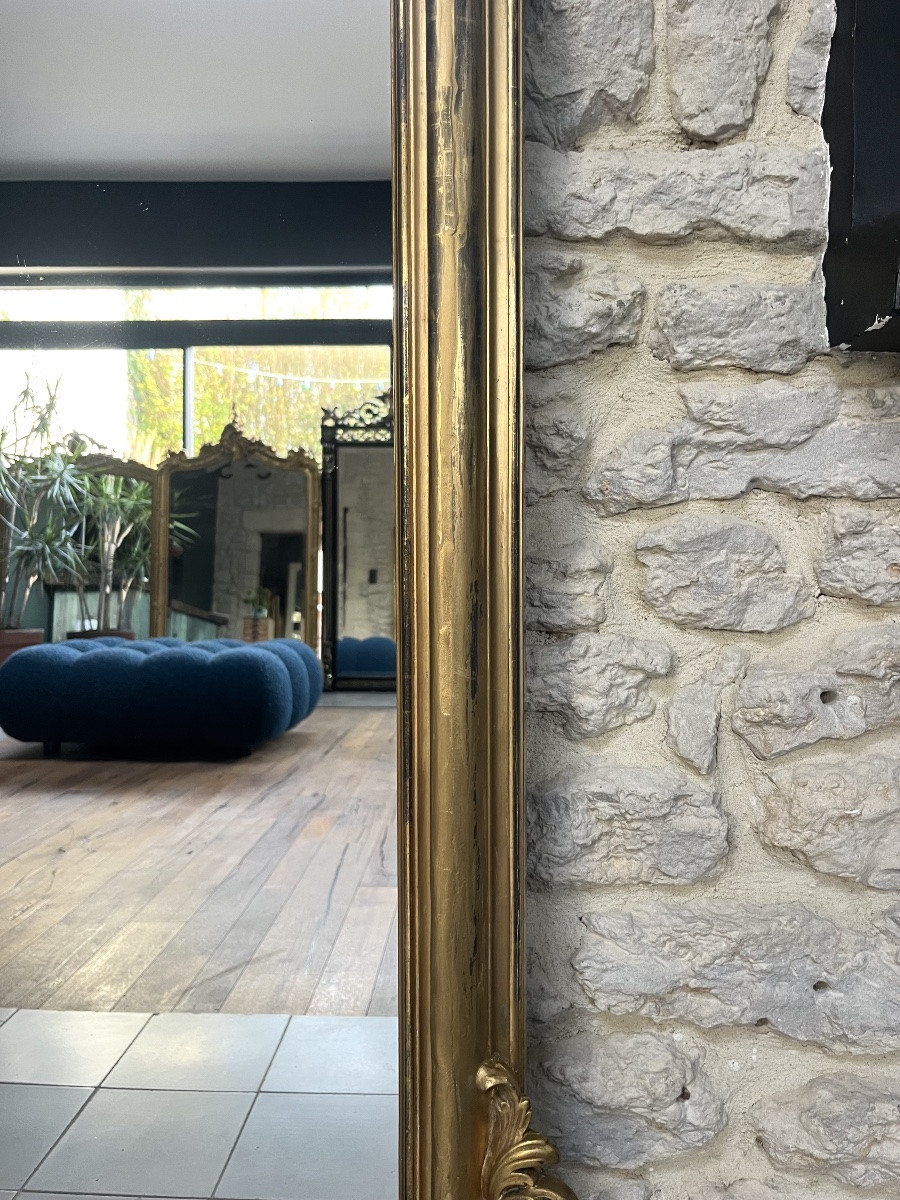 Miroir ancien à frontons 219/131cm doré à la feuille d’or époque 19ème, trumeau de cheminée. -photo-7
