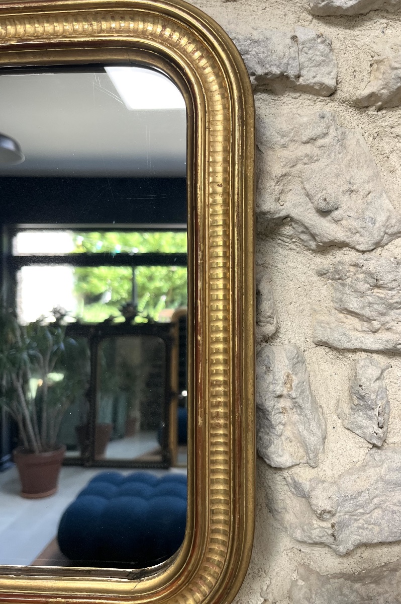 Miroir ancien Louis-Philippe 37,5/31,5cm doré feuille d’or décor géométrique, glace mercure-photo-2