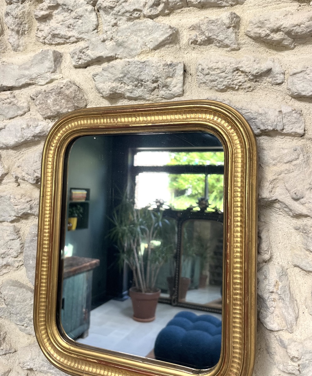 Miroir ancien Louis-Philippe 37,5/31,5cm doré feuille d’or décor géométrique, glace mercure-photo-4