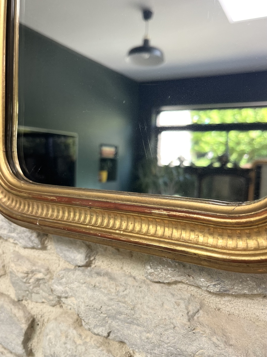 Miroir ancien Louis-Philippe 37,5/31,5cm doré feuille d’or décor géométrique, glace mercure-photo-2