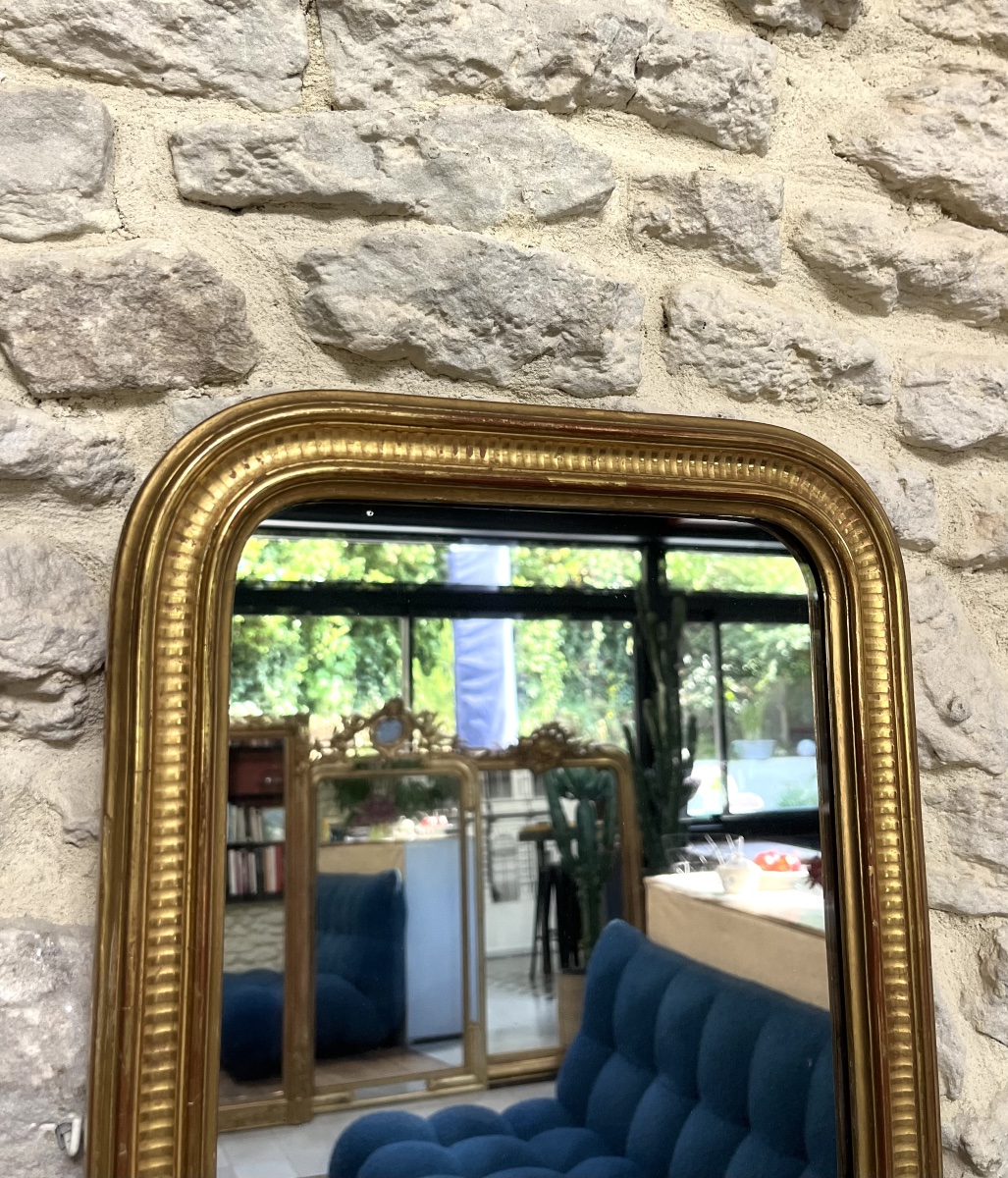 Miroir ancien Louis-Philippe 37,5/31,5cm doré feuille d’or décor géométrique, glace mercure-photo-3