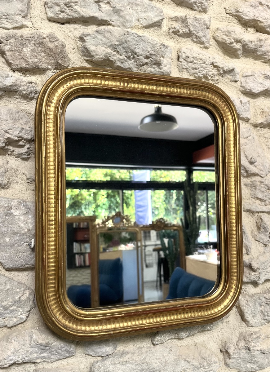 Miroir ancien Louis-Philippe 37,5/31,5cm doré feuille d’or décor géométrique, glace mercure-photo-4