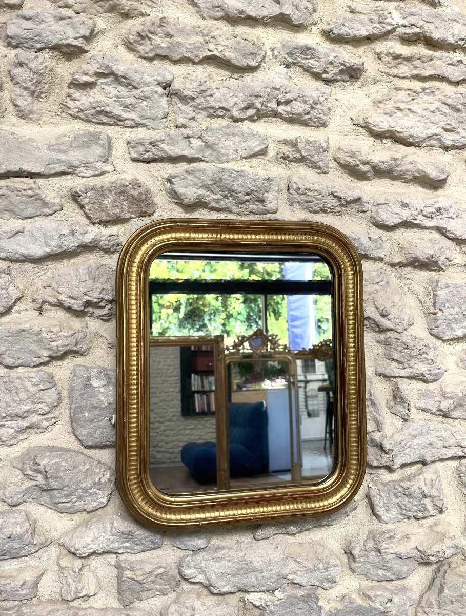 Miroir ancien Louis-Philippe 37,5/31,5cm doré feuille d’or décor géométrique, glace mercure-photo-6