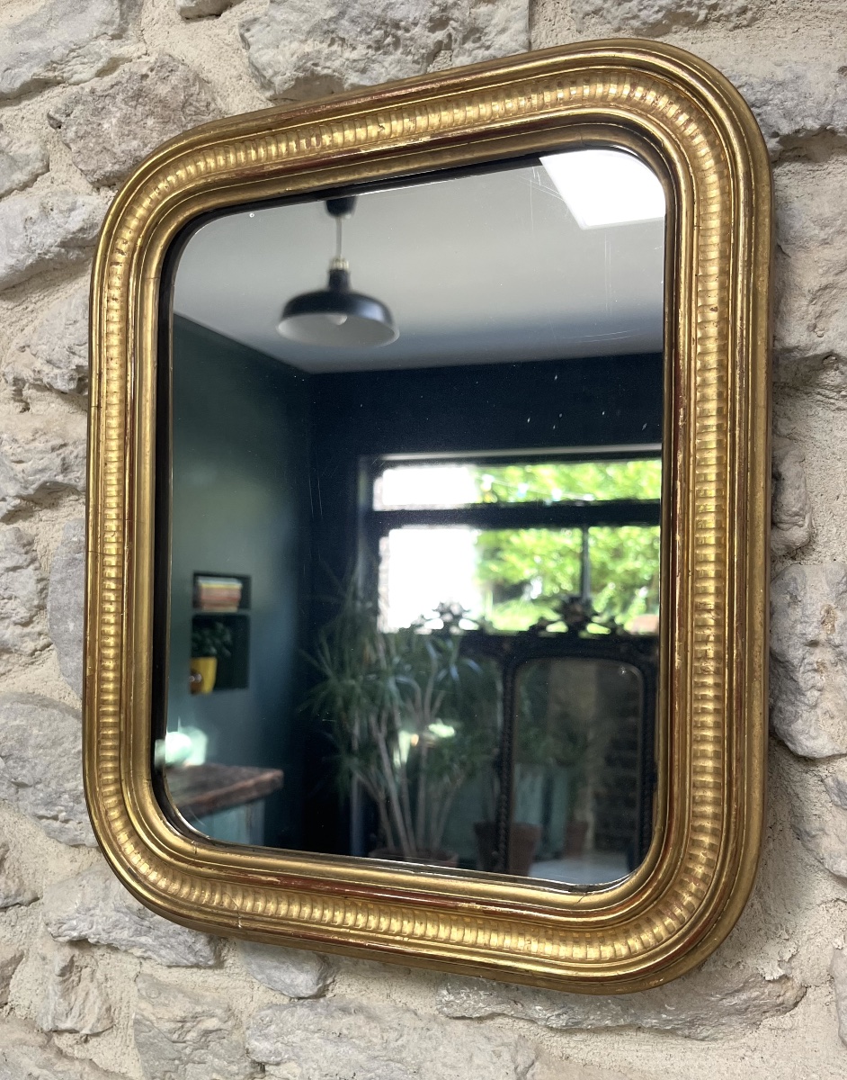 Miroir ancien Louis-Philippe 37,5/31,5cm doré feuille d’or décor géométrique, glace mercure-photo-7