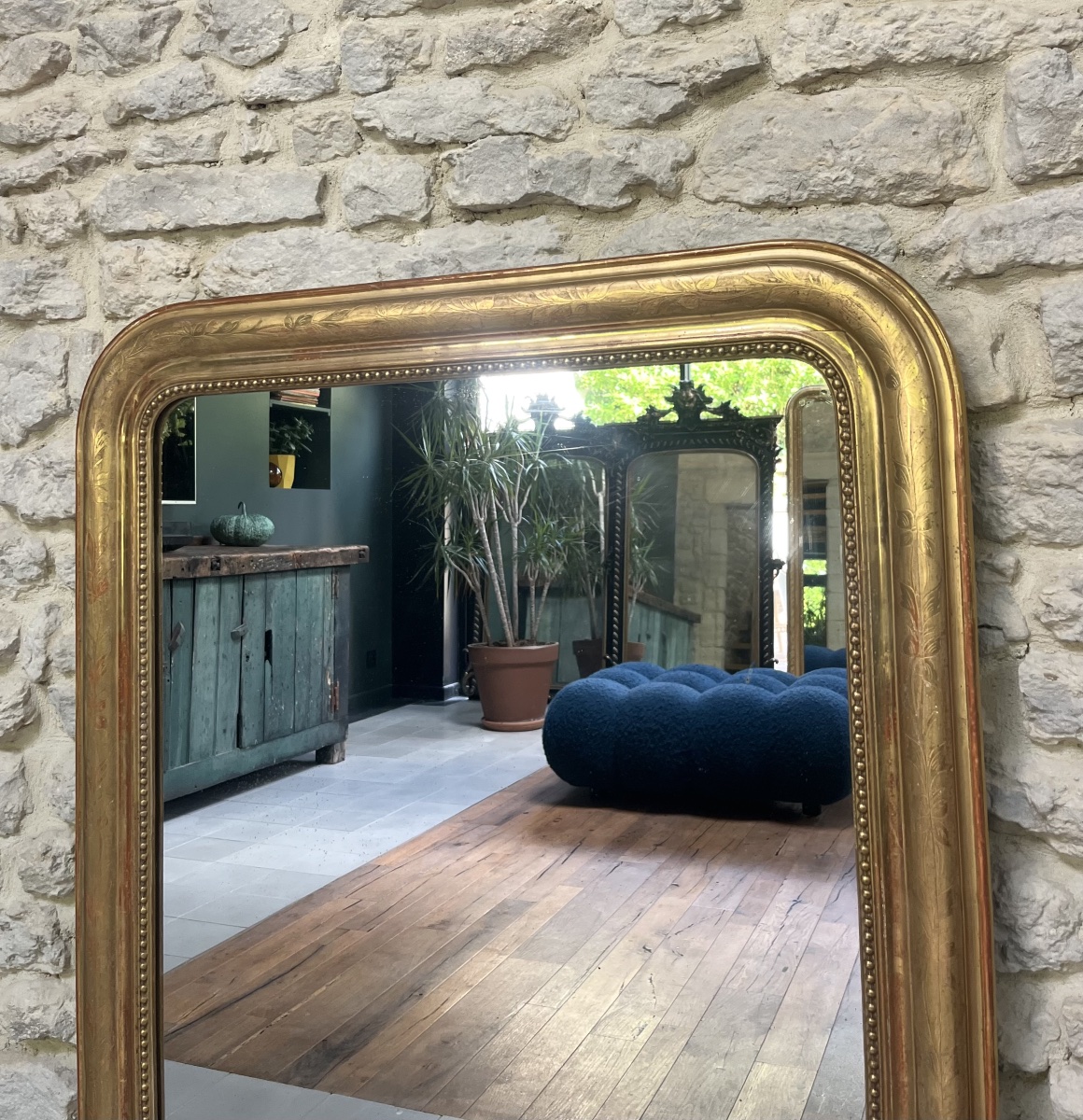 Antique Louis-philippe Beaded Mirror, 116/86 Cm, Gilded With Gold Leaf, Fireplace Trumeau -photo-3