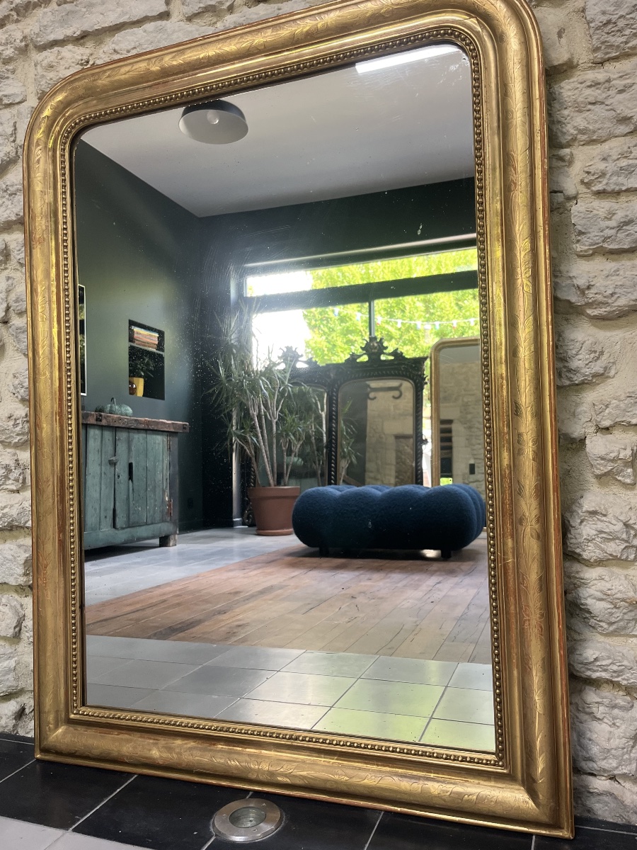 Antique Louis-philippe Beaded Mirror, 116/86 Cm, Gilded With Gold Leaf, Fireplace Trumeau -photo-4