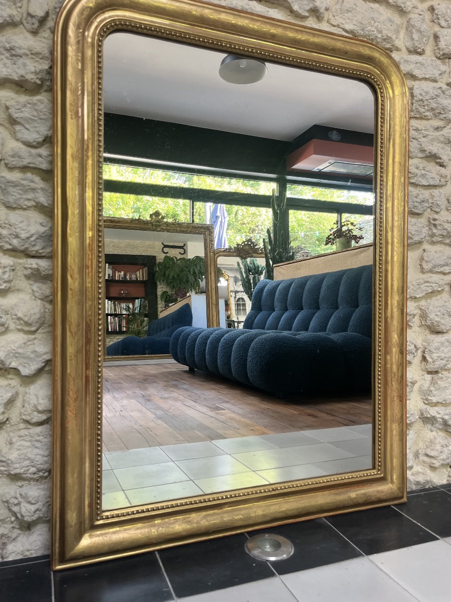 Antique Louis-philippe Beaded Mirror, 116/86 Cm, Gilded With Gold Leaf, Fireplace Trumeau -photo-1