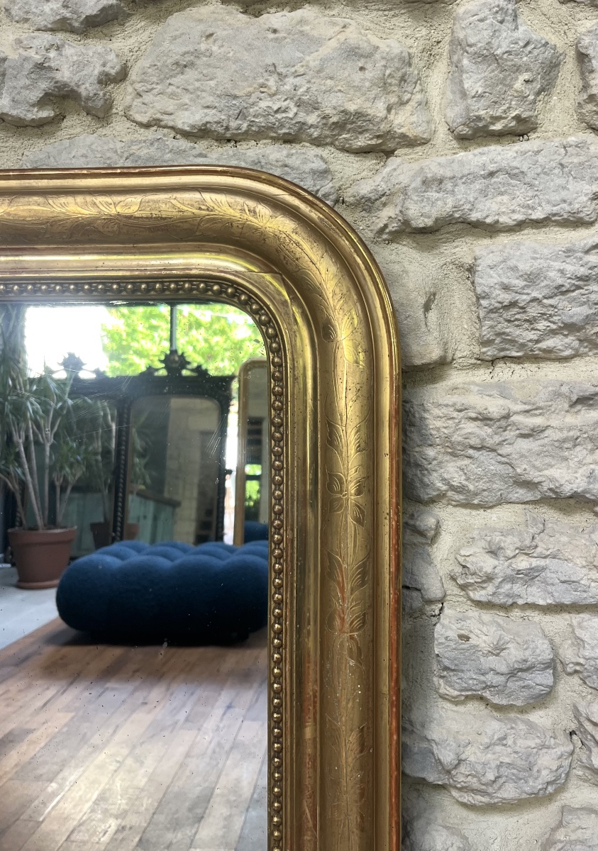 Antique Louis-philippe Beaded Mirror, 116/86 Cm, Gilded With Gold Leaf, Fireplace Trumeau -photo-2