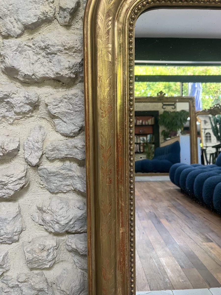 Antique Louis-philippe Beaded Mirror, 116/86 Cm, Gilded With Gold Leaf, Fireplace Trumeau -photo-3