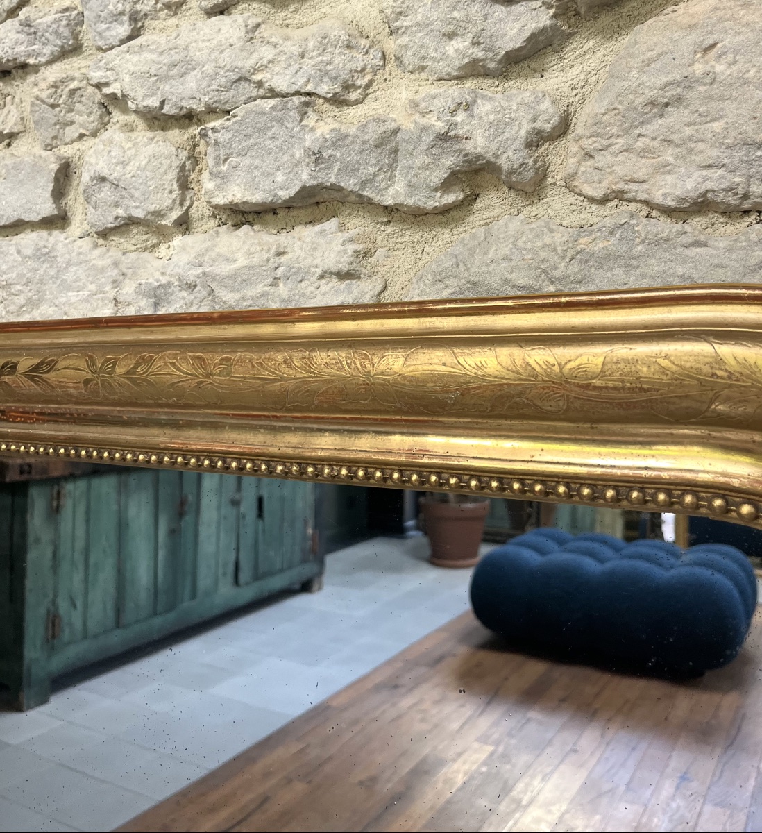 Antique Louis-philippe Beaded Mirror, 116/86 Cm, Gilded With Gold Leaf, Fireplace Trumeau -photo-4