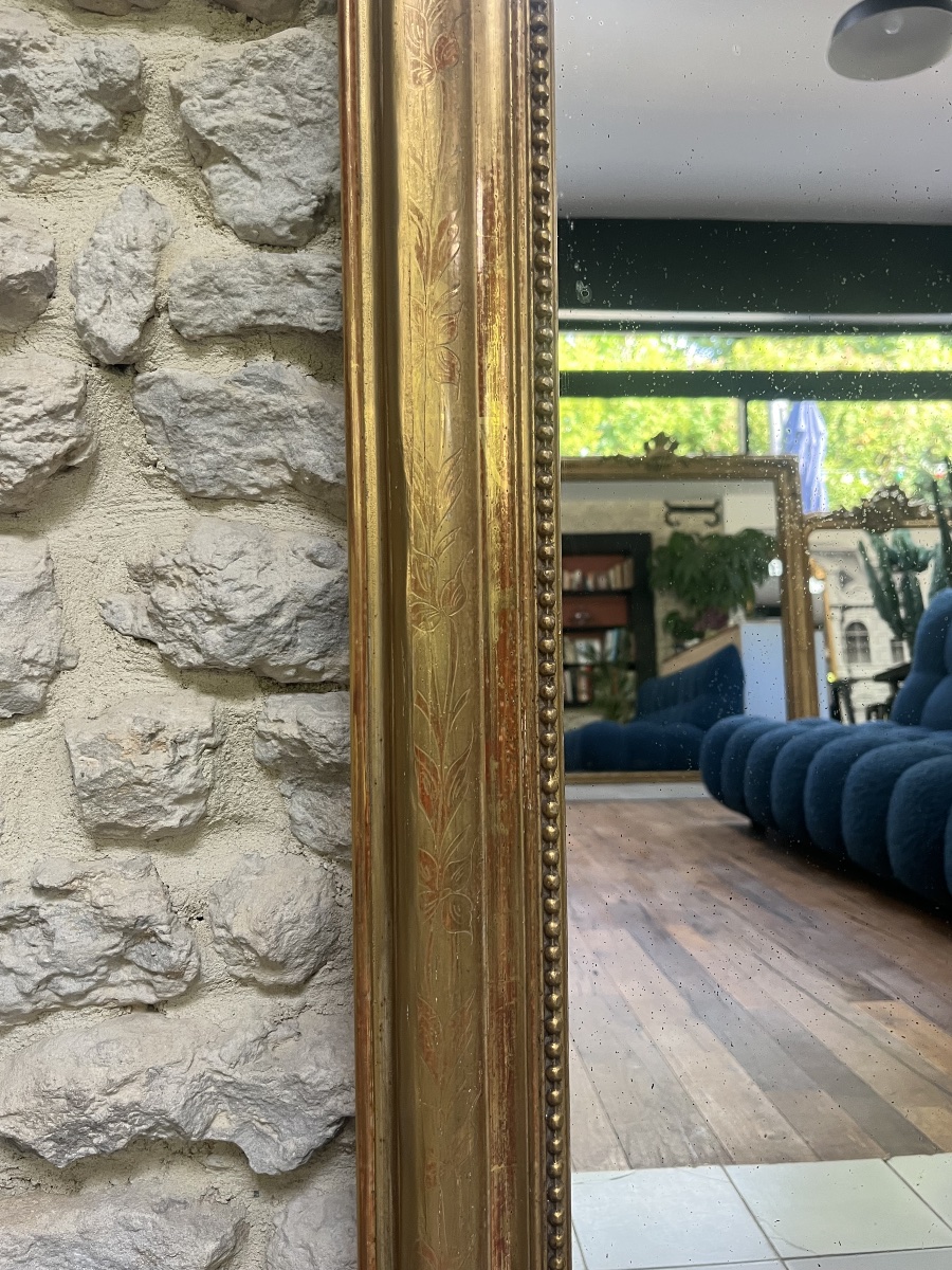 Antique Louis-philippe Beaded Mirror, 116/86 Cm, Gilded With Gold Leaf, Fireplace Trumeau -photo-7