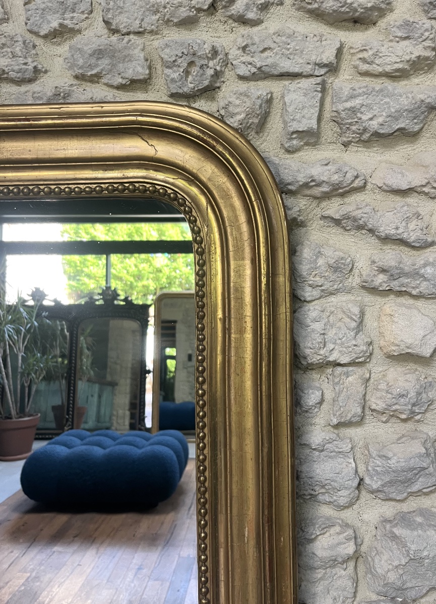 Miroir ancien Louis-Philippe perlé 151/111,5cm doré à la feuille d’or, trumeau de cheminée   -photo-3