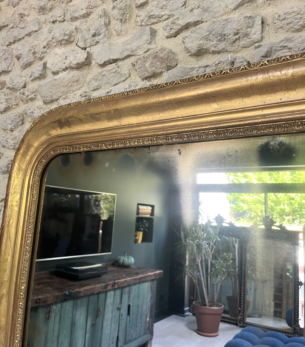 Miroir ancien Louis-Philippe 172cm/121cm doré à la feuille d’or, trumeau de cheminée floral  -photo-3
