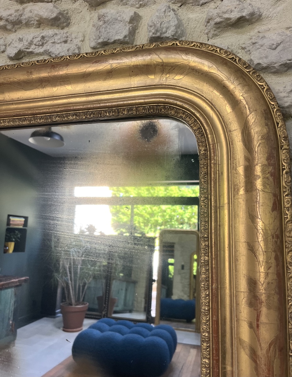 Miroir ancien Louis-Philippe 172cm/121cm doré à la feuille d’or, trumeau de cheminée floral  -photo-2