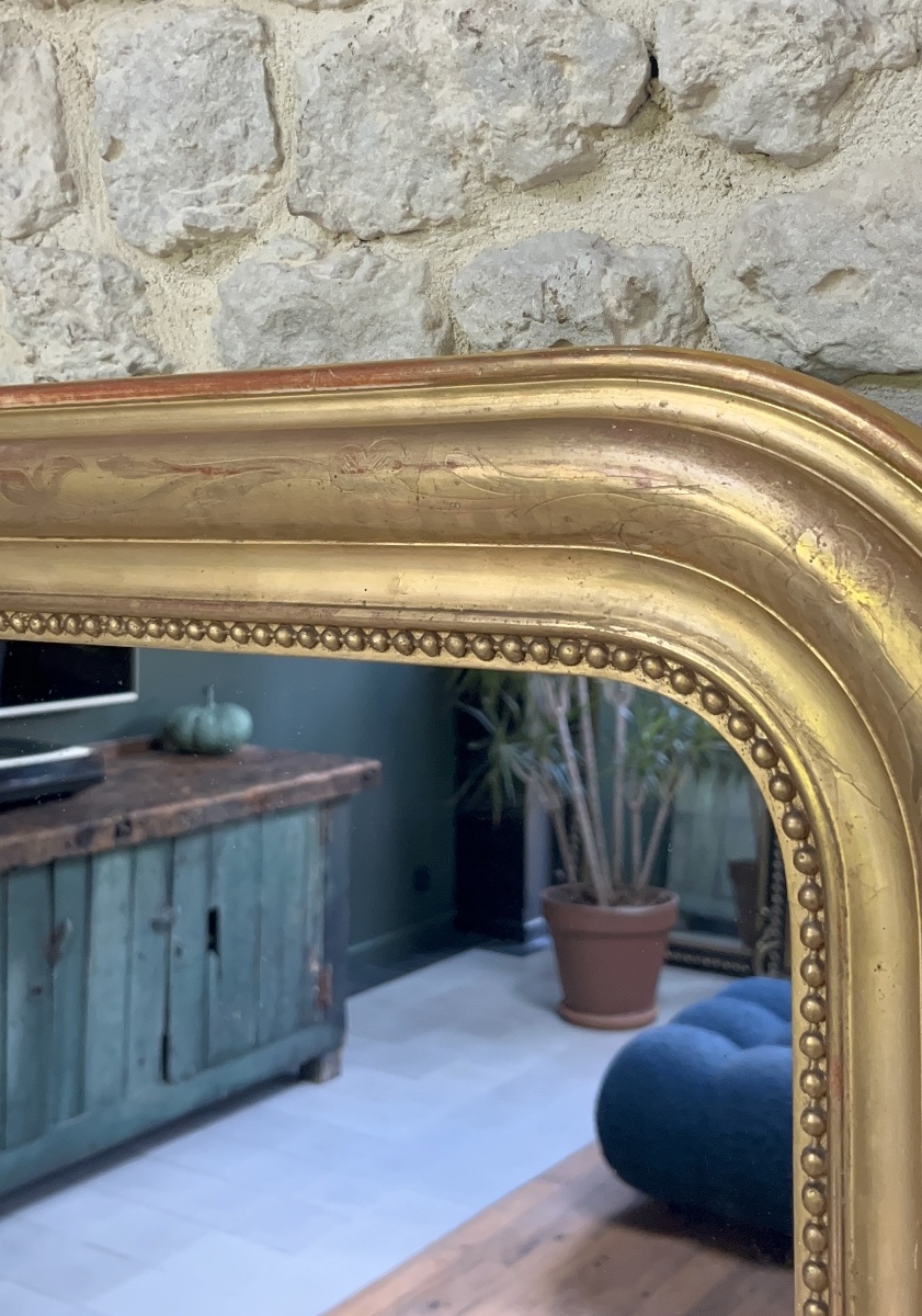Trumeau, Louis-philippe Beaded Mantel Mirror, 156/129.5 Cm, Gilded With Gold Leaf, Mercury-coated Glass-photo-2
