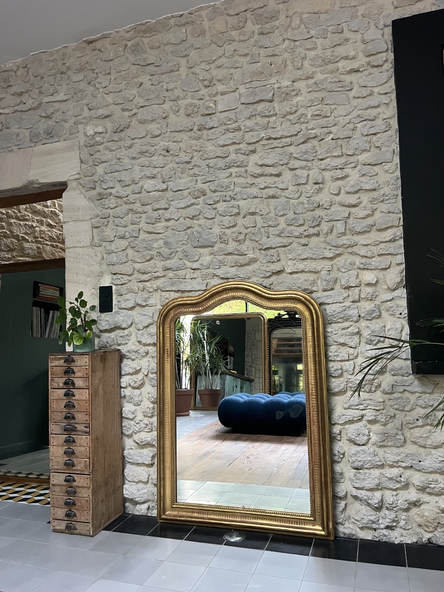 Miroir ancien Louis-Philippe perlé 128/92,5cm forme chapeau de gendarme décor géométrique-photo-2