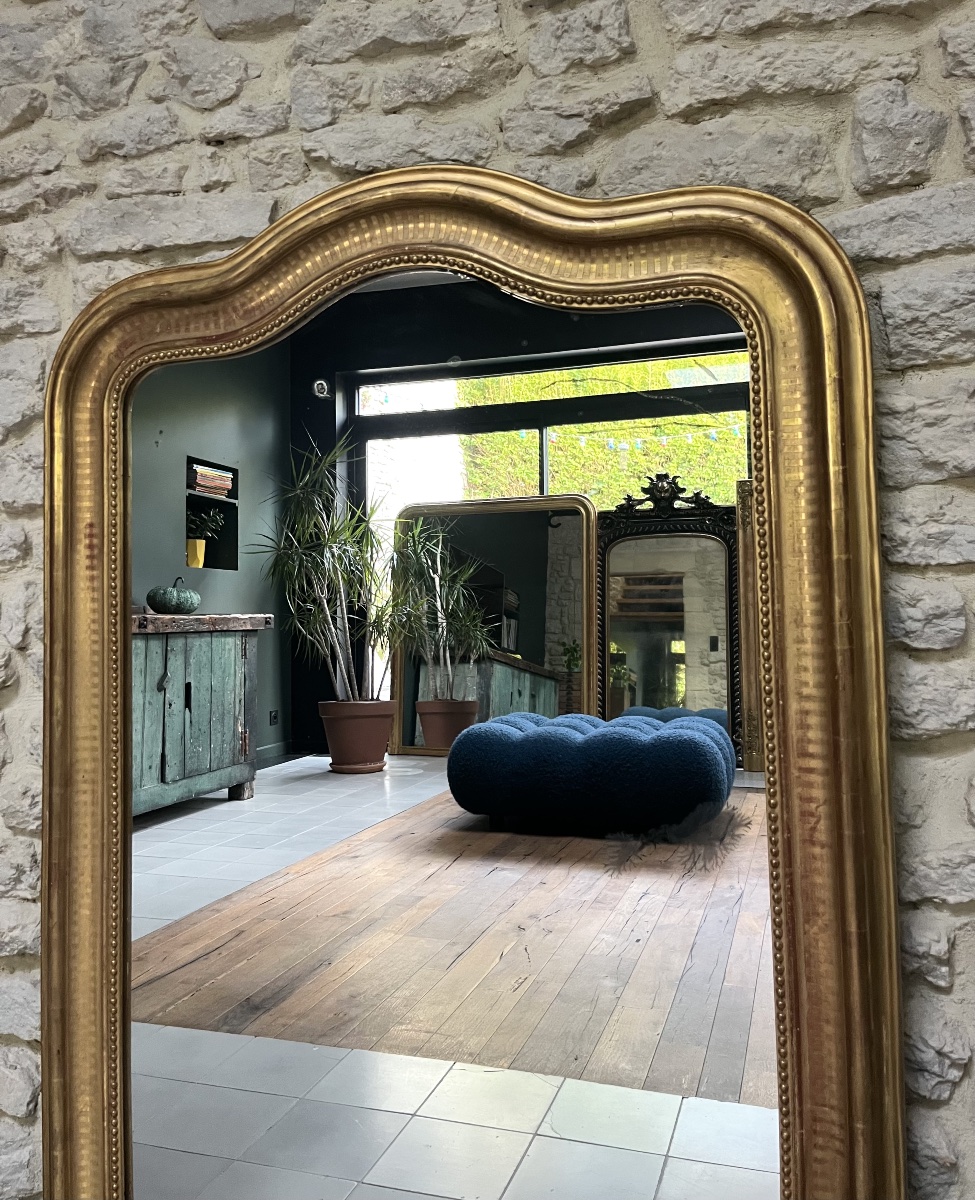 Miroir ancien Louis-Philippe perlé 128/92,5cm forme chapeau de gendarme décor géométrique-photo-1