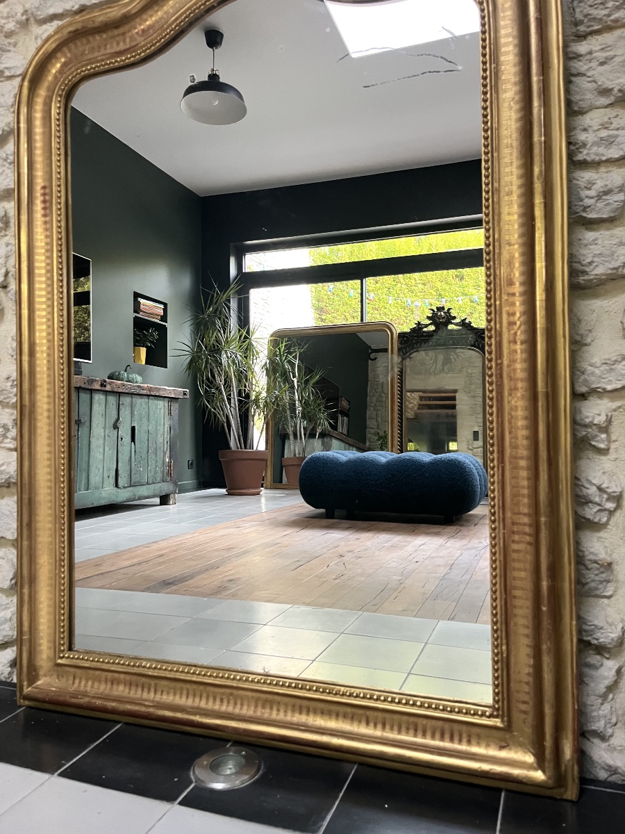 Miroir ancien Louis-Philippe perlé 128/92,5cm forme chapeau de gendarme décor géométrique-photo-2