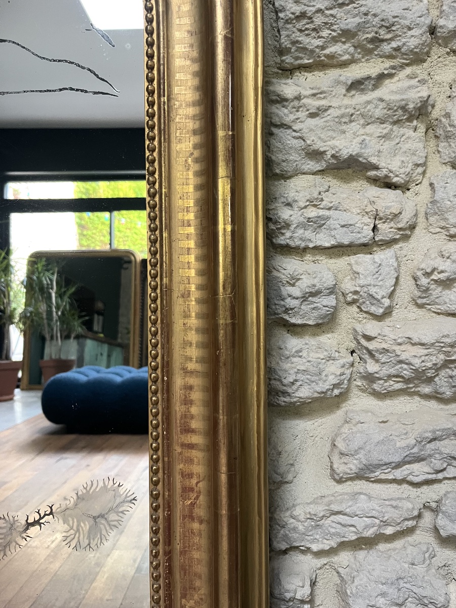 Miroir ancien Louis-Philippe perlé 128/92,5cm forme chapeau de gendarme décor géométrique-photo-3
