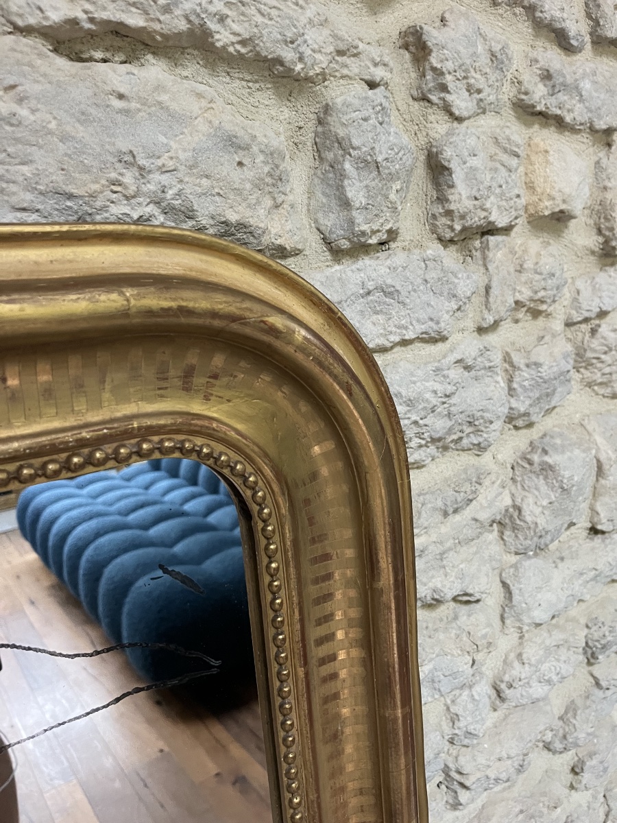 Miroir ancien Louis-Philippe perlé 128/92,5cm forme chapeau de gendarme décor géométrique-photo-6