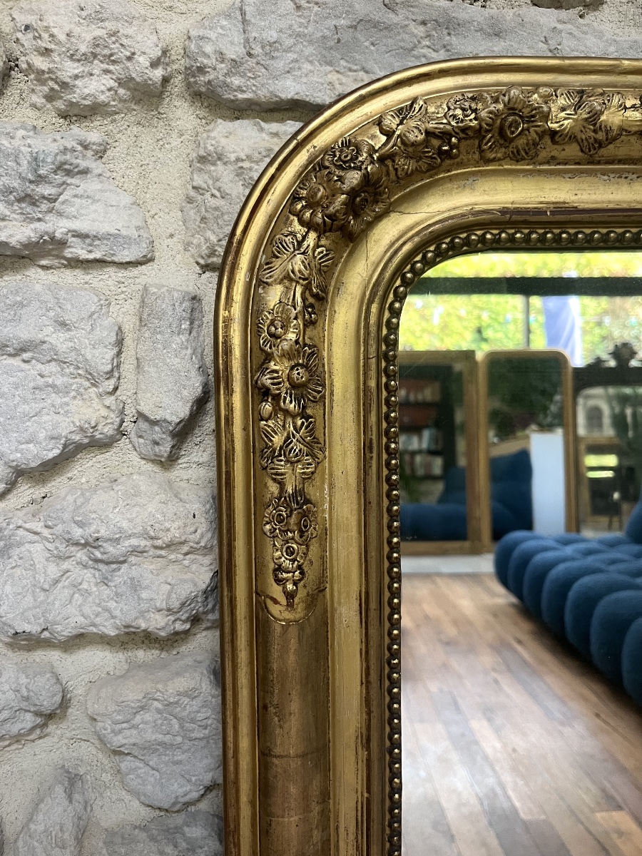 Antique Louis-philippe Beaded Mirror, 126/90 Cm, Gilded With Gold Leaf, Trumeau With Floral Molding -photo-2