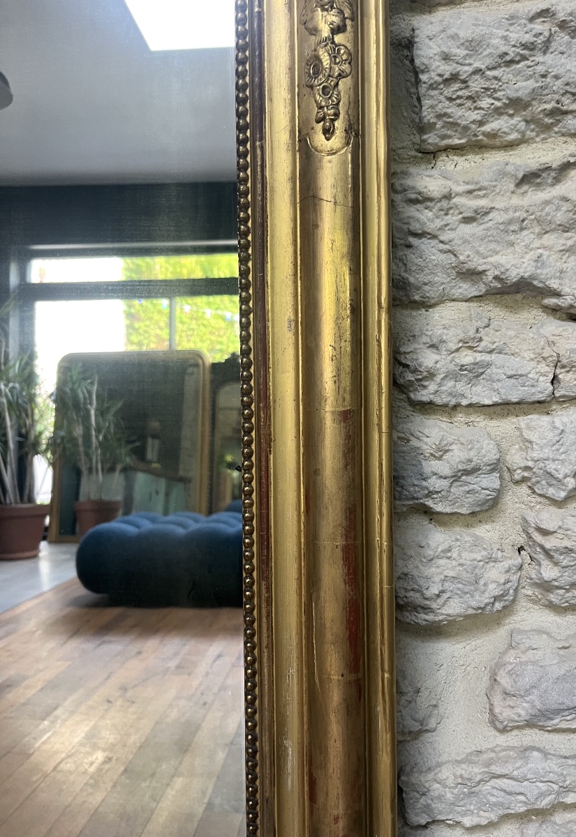 Antique Louis-philippe Beaded Mirror, 126/90 Cm, Gilded With Gold Leaf, Trumeau With Floral Molding -photo-4