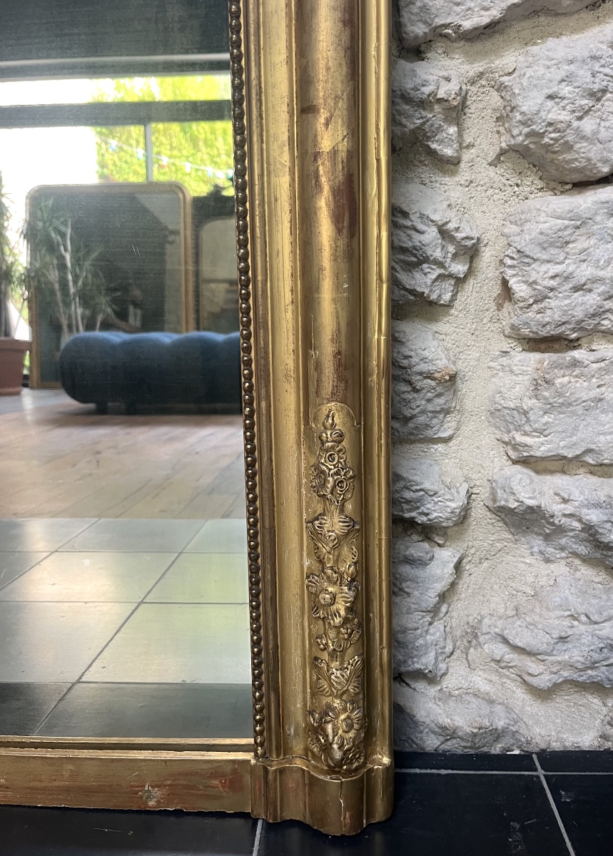 Antique Louis-philippe Beaded Mirror, 126/90 Cm, Gilded With Gold Leaf, Trumeau With Floral Molding -photo-4
