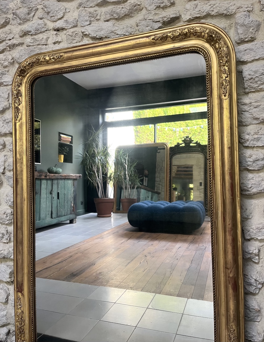 Antique Louis-philippe Beaded Mirror, 126/90 Cm, Gilded With Gold Leaf, Trumeau With Floral Molding -photo-5