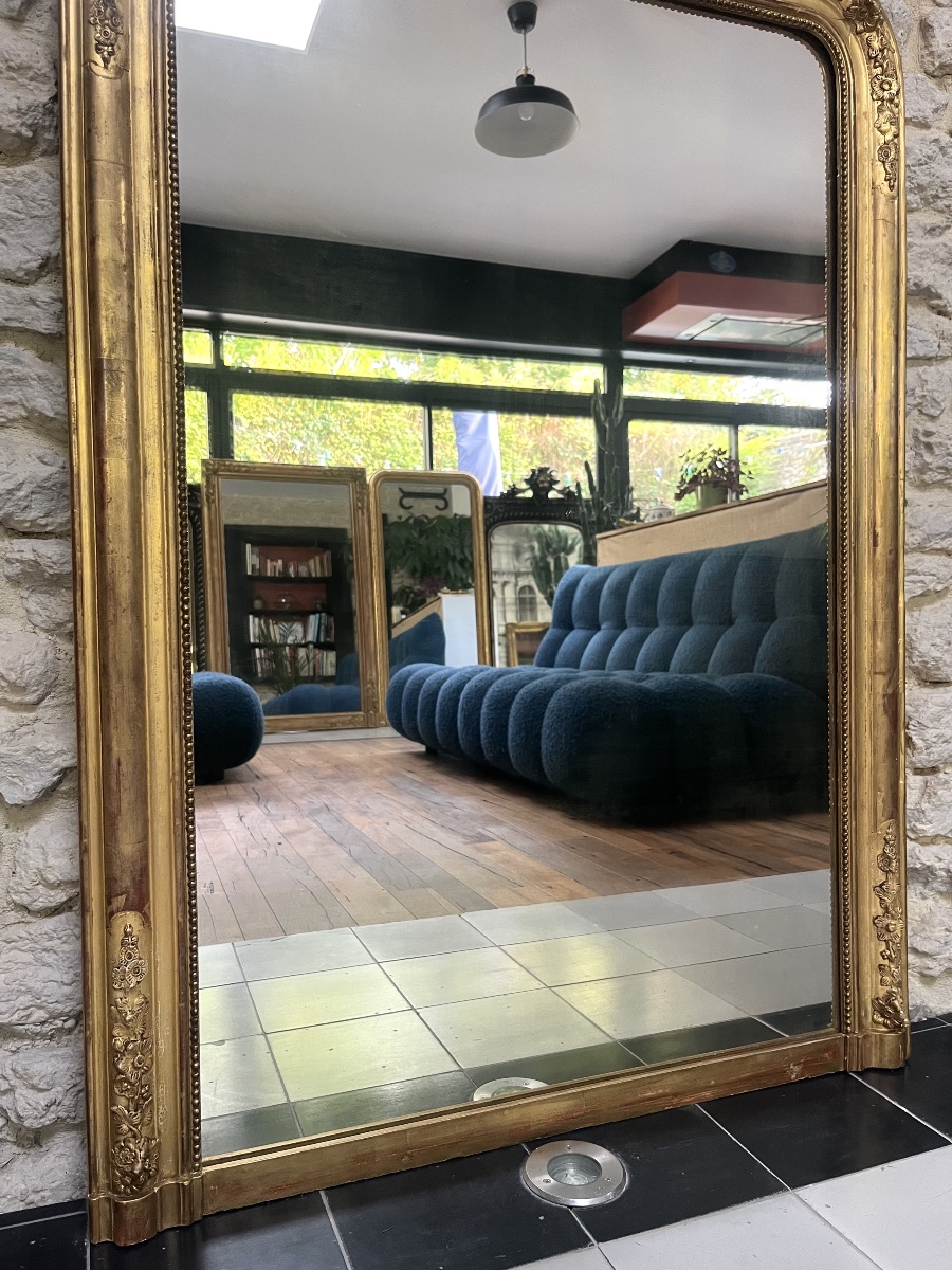 Antique Louis-philippe Beaded Mirror, 126/90 Cm, Gilded With Gold Leaf, Trumeau With Floral Molding -photo-6
