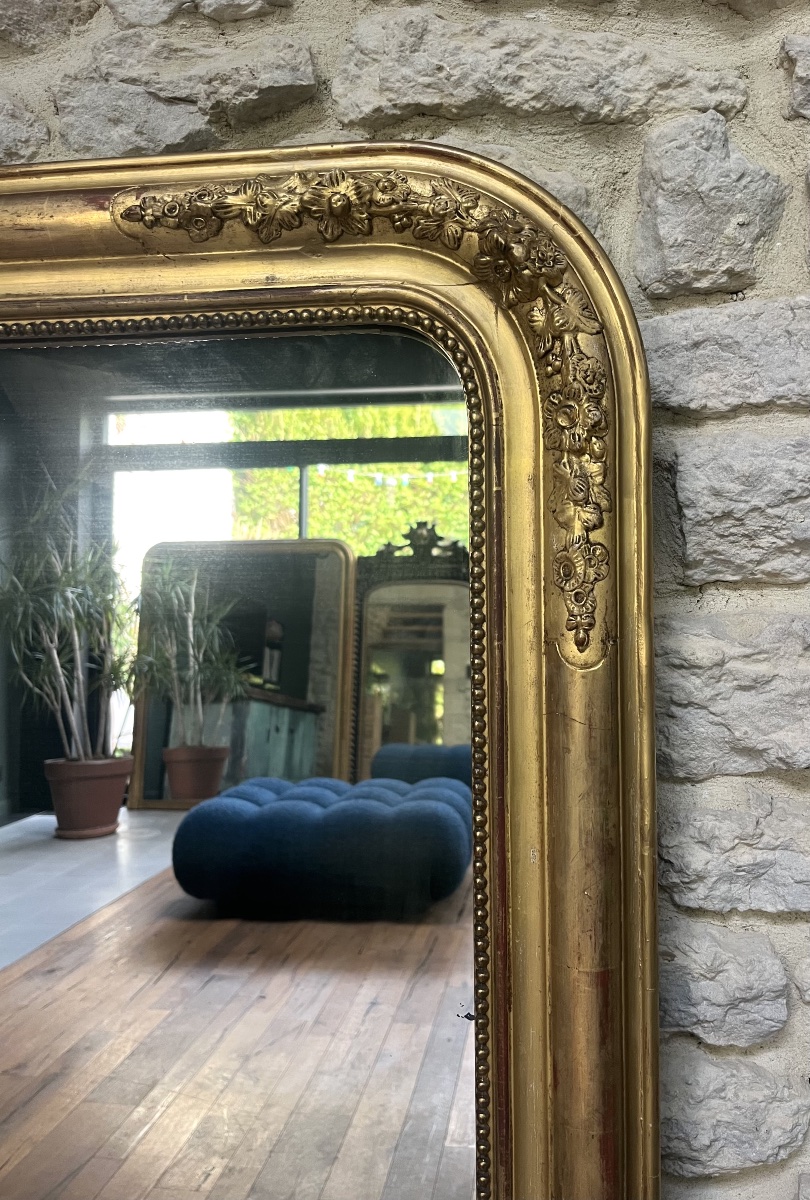 Antique Louis-philippe Beaded Mirror, 126/90 Cm, Gilded With Gold Leaf, Trumeau With Floral Molding -photo-7