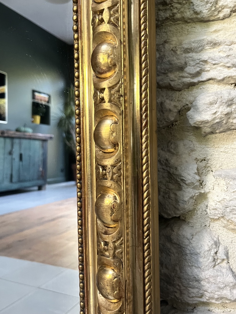 Miroir ancien de cheminée et perlé 150,5/120cm doré à la feuille d’or, trumeau cheminée, glace -photo-2