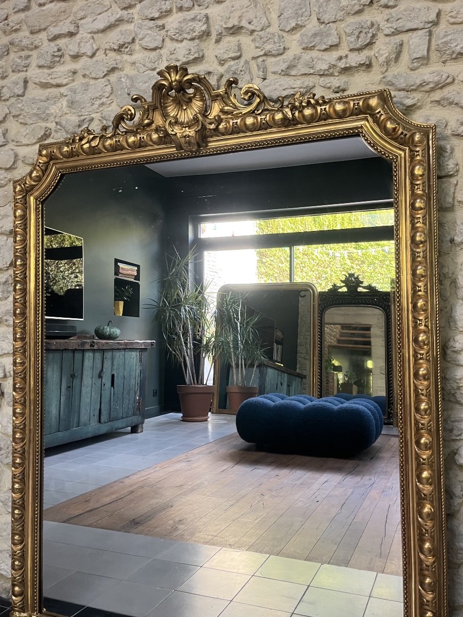 Miroir ancien de cheminée et perlé 150,5/120cm doré à la feuille d’or, trumeau cheminée, glace -photo-1