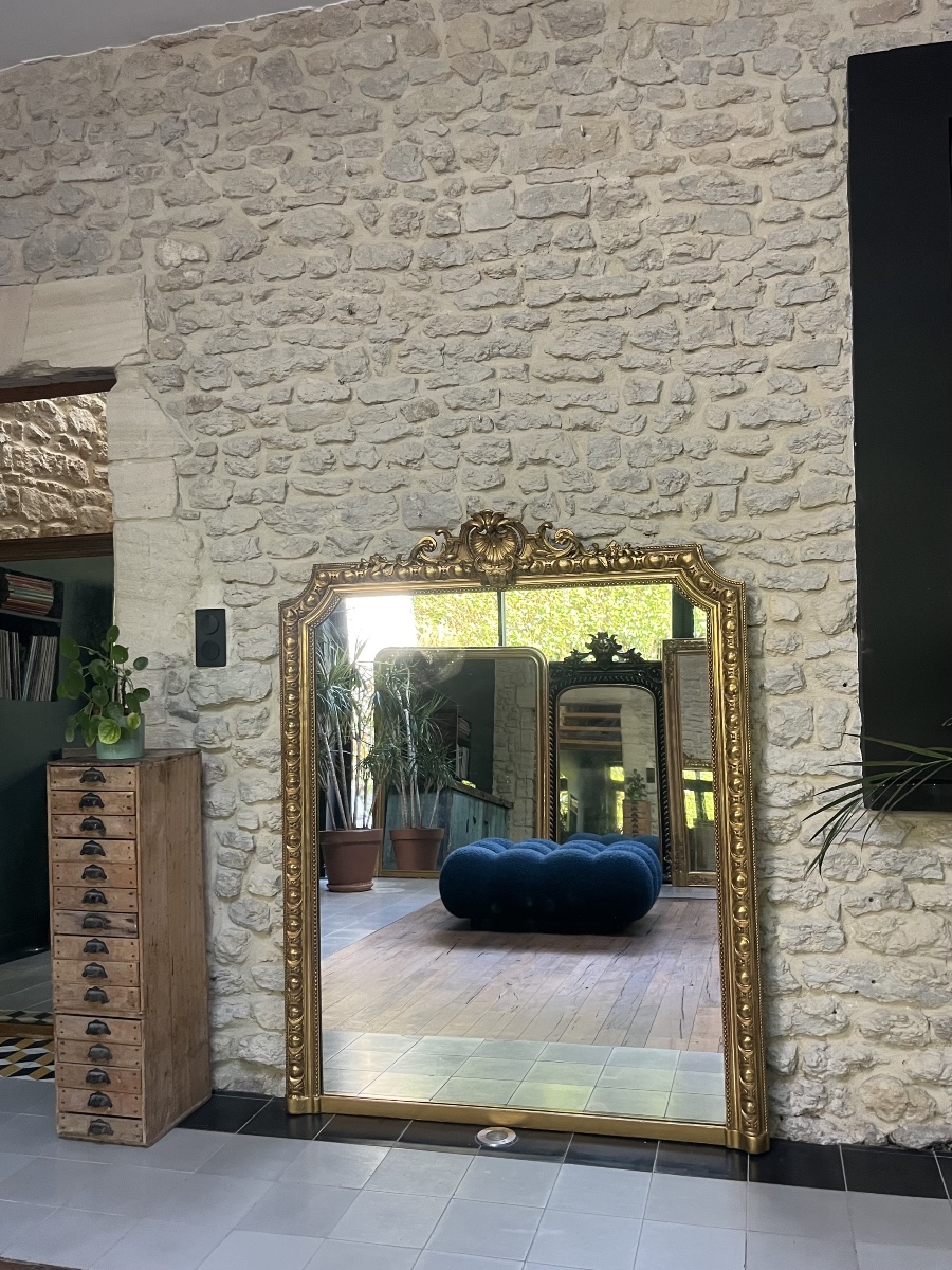 Miroir ancien de cheminée et perlé 150,5/120cm doré à la feuille d’or, trumeau cheminée, glace -photo-5