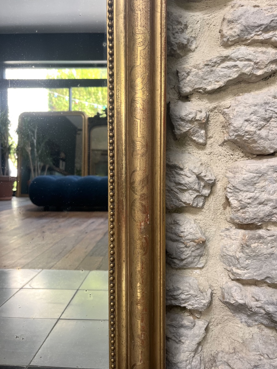 Miroir ancien de cheminée Louis-Philippe perlé 129/86,5cm doré à la feuille d’or, glace trumeau-photo-2