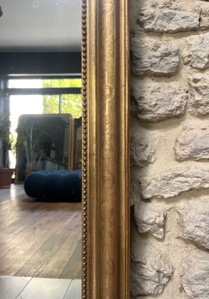 Miroir ancien de cheminée Louis-Philippe perlé 129/86,5cm doré à la feuille d’or, glace trumeau-photo-3