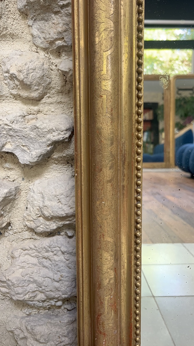 Miroir ancien de cheminée Louis-Philippe perlé 129/86,5cm doré à la feuille d’or, glace trumeau-photo-4