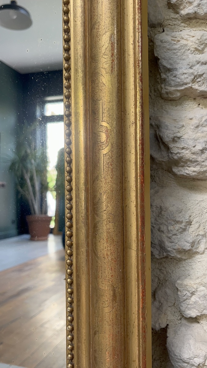 Miroir ancien de cheminée Louis-Philippe perlé 129/86,5cm doré à la feuille d’or, glace trumeau-photo-1