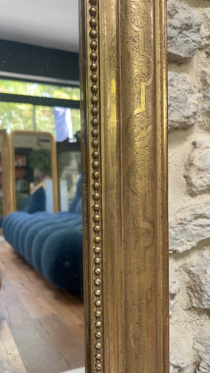 Miroir ancien de cheminée Louis-Philippe perlé 129/86,5cm doré à la feuille d’or, glace trumeau-photo-2