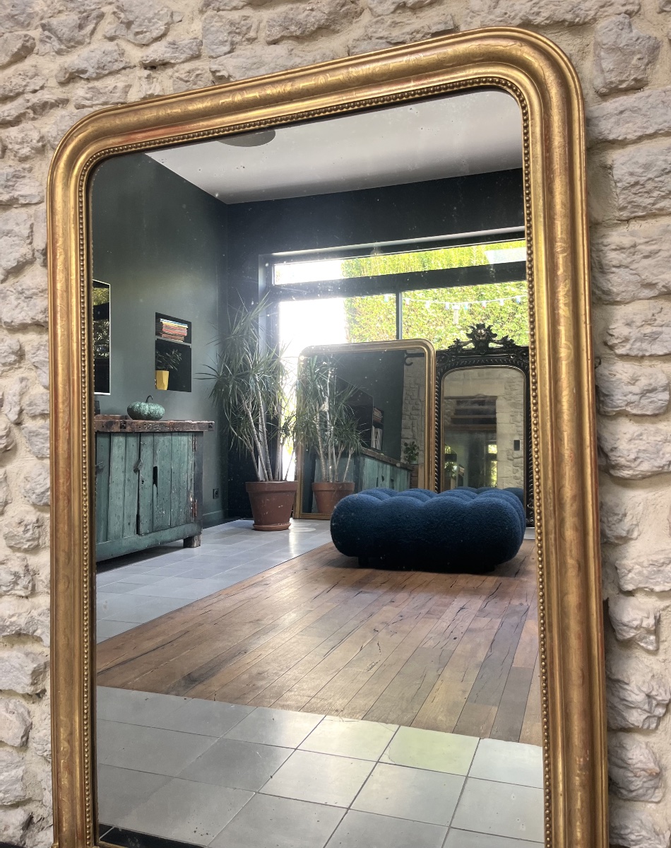 Miroir ancien de cheminée Louis-Philippe perlé 129/86,5cm doré à la feuille d’or, glace trumeau-photo-6