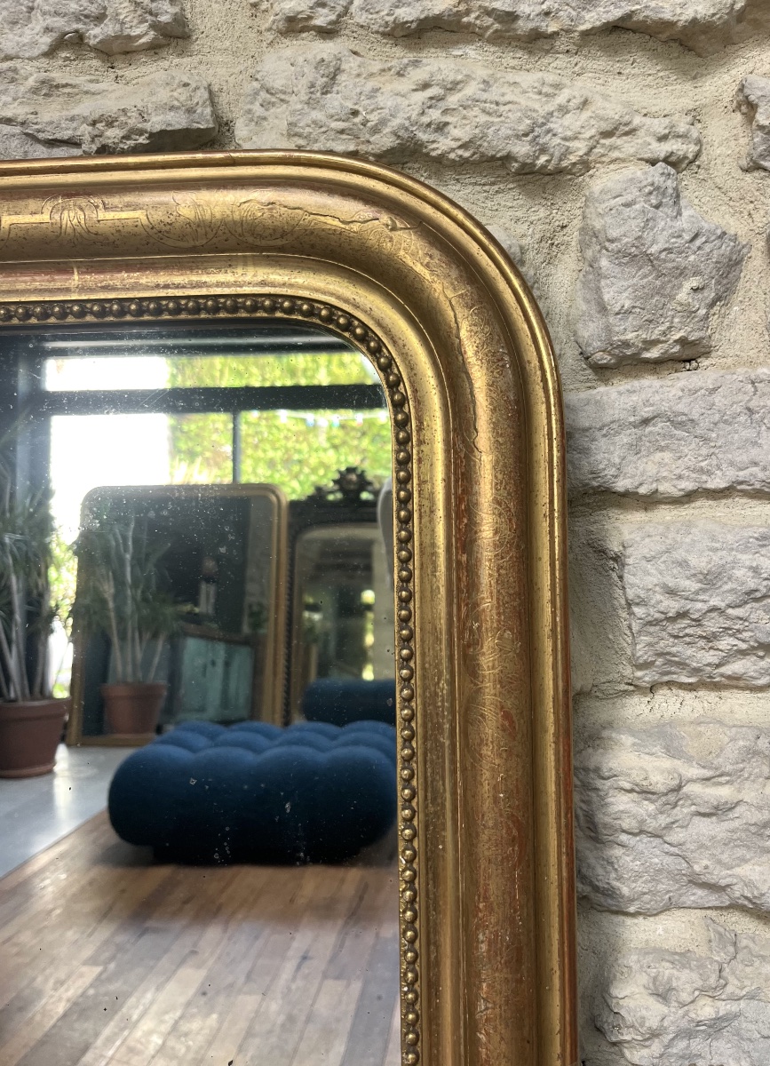 Miroir ancien de cheminée Louis-Philippe perlé 129/86,5cm doré à la feuille d’or, glace trumeau-photo-7