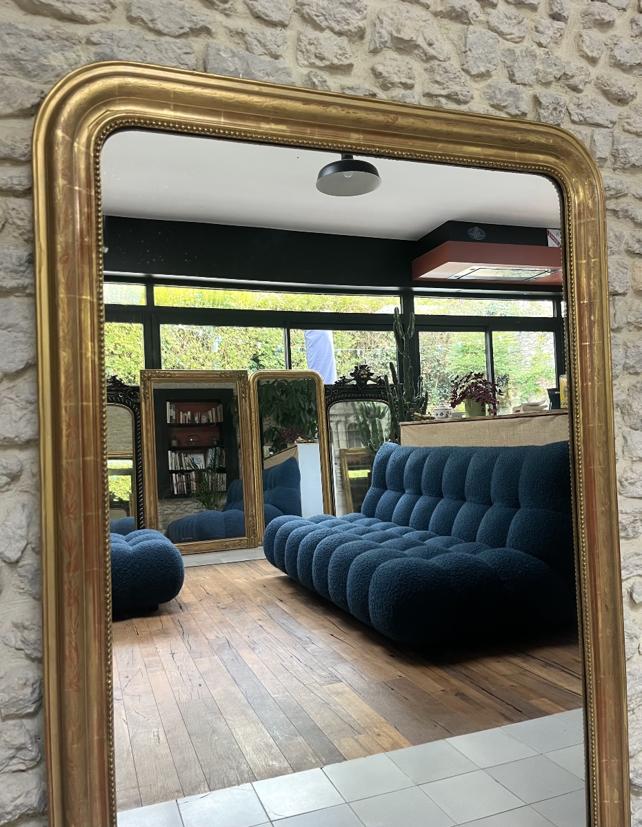 Miroir ancien de cheminée Louis-Philippe perlé 151,5/105cm trumeau de cheminée, glace  -photo-1