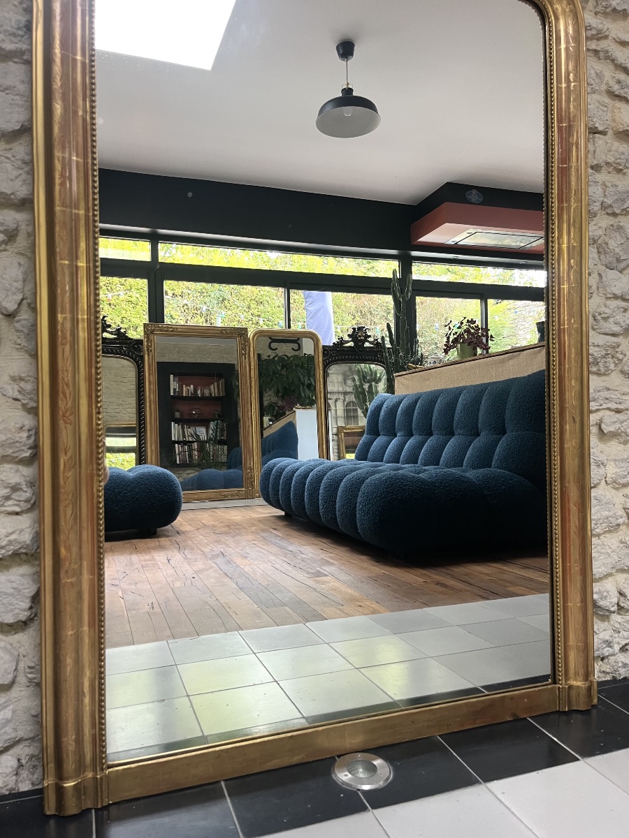 Miroir ancien de cheminée Louis-Philippe perlé 151,5/105cm trumeau de cheminée, glace  -photo-2