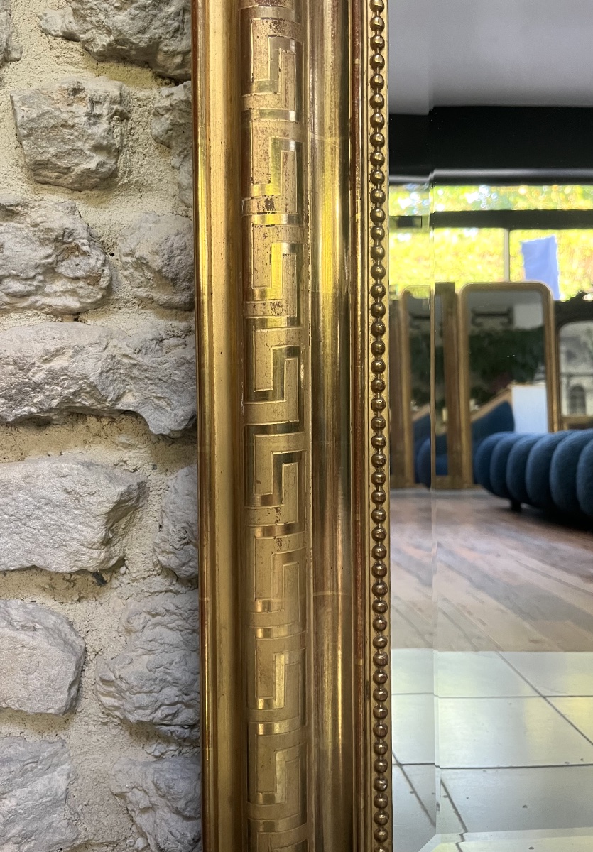 Miroir ancien Louis-Philippe  fronton et perlé 148/95,5cm , feuille d’or, glace biseautée -photo-2