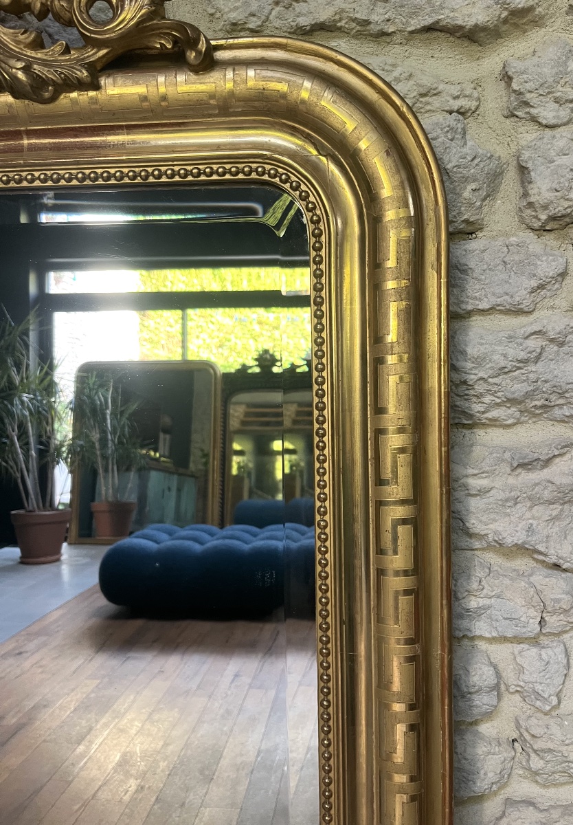 Miroir ancien Louis-Philippe  fronton et perlé 148/95,5cm , feuille d’or, glace biseautée -photo-4